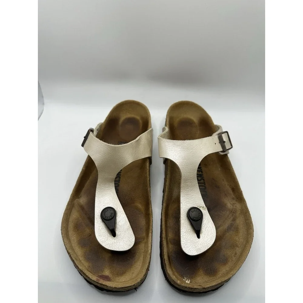 Birkenstock Gizeh Womens 38 US 7 Pearl White Birko Flor T Strap‎ Thong Sandals